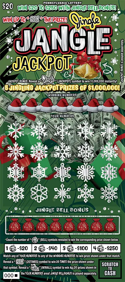 Jingle Jangle Jackpot $20 Pennsylvania scratch-off ticket