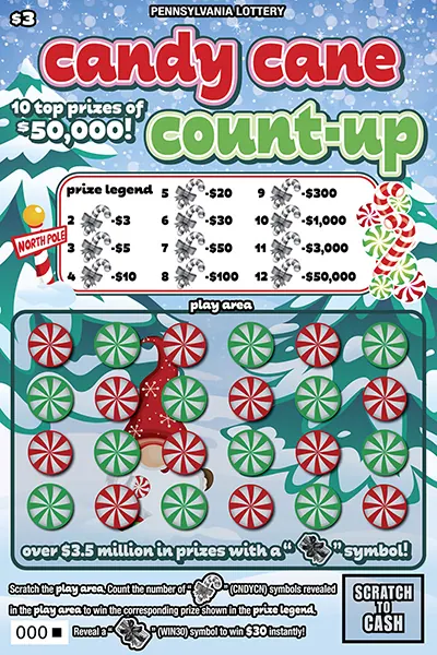Candy Cane Count-Up $3 Pennsylvania scratch-off ticket