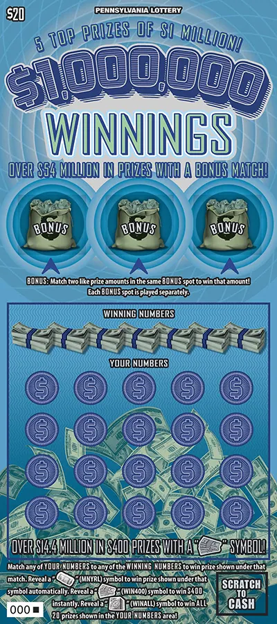 $1,000,000 Winnings $20 Pennsylvania scratch-off ticket