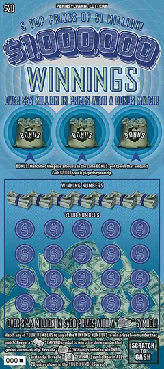 $1,000,000 Winnings $20 scratch-off ticket