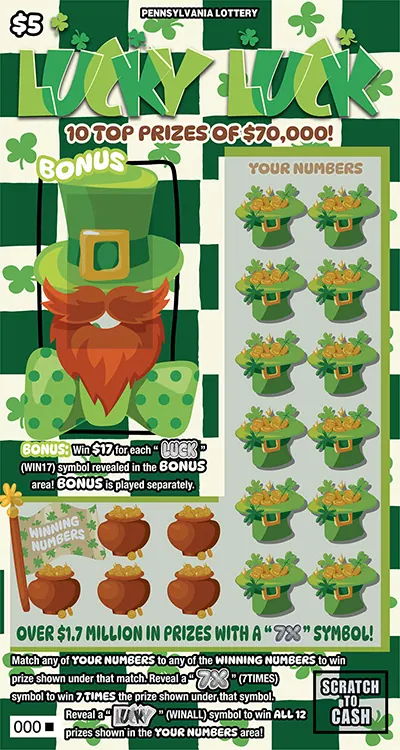 Lucky Luck $5 Pennsylvania scratch-off ticket