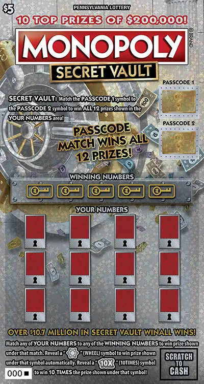 MONOPOLY SECRET VAULT $5 Pennsylvania scratch-off ticket