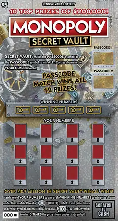 MONOPOLY SECRET VAULT $5 scratch-off ticket