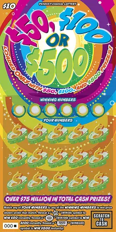 $50, $100 or $500 $10 scratch-off ticket
