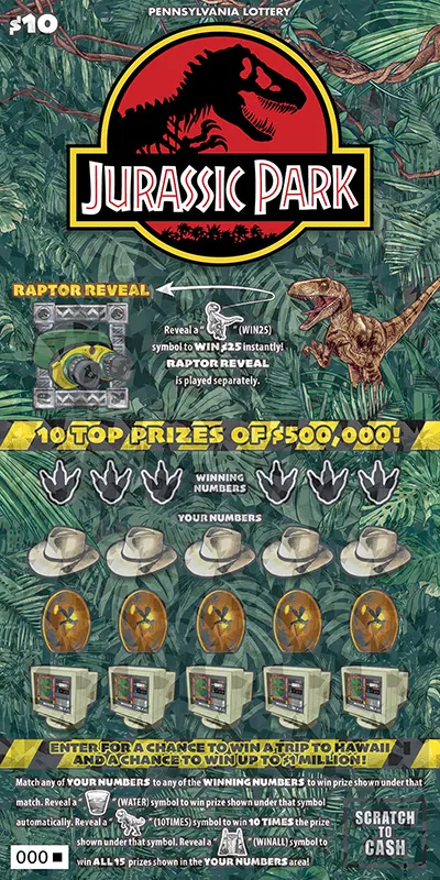 JURASSIC PARK $10 Pennsylvania scratch-off ticket