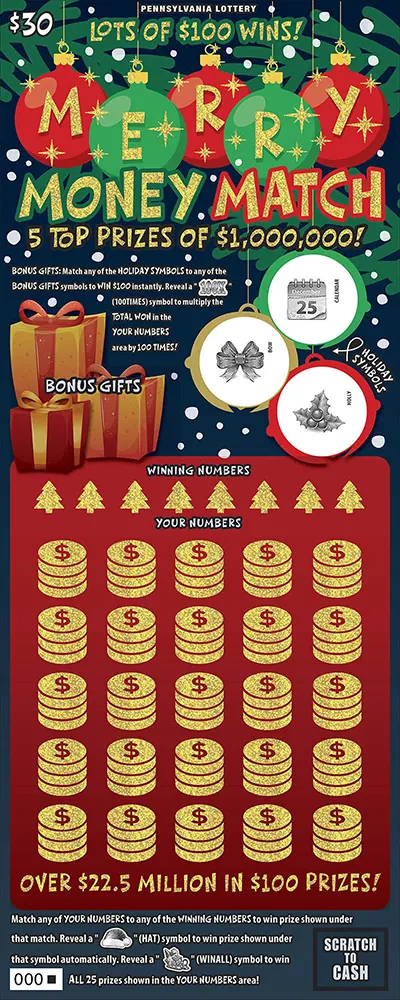Merry Money Match $30 Pennsylvania scratch-off ticket