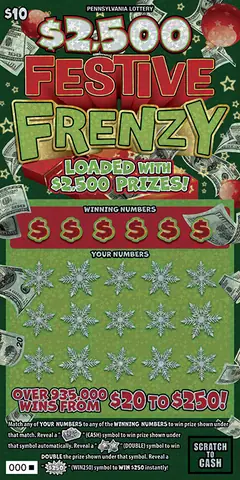 $2,500 Festive Frenzy $10 scratch-off ticket