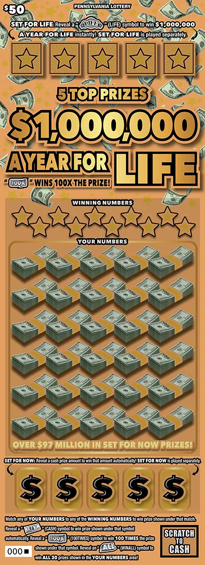 $1,000,000 a Year for Life $50 Pennsylvania scratch-off ticket