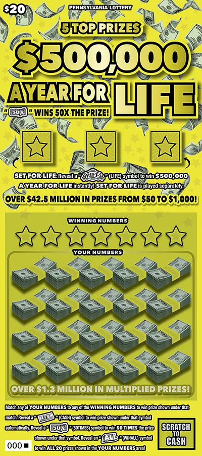 $500,000 a Year for Life $20 Pennsylvania scratch-off ticket