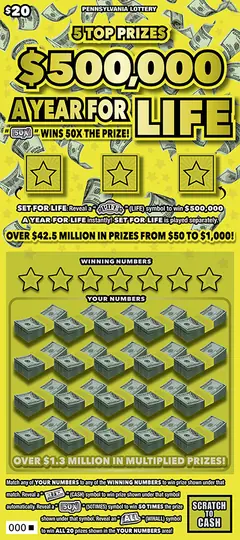 $500,000 a Year for Life $20 scratch-off ticket (image: Pennsylvania Lottery)