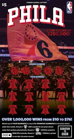 PHILADELPHIA 76ERS $5 scratch-off ticket