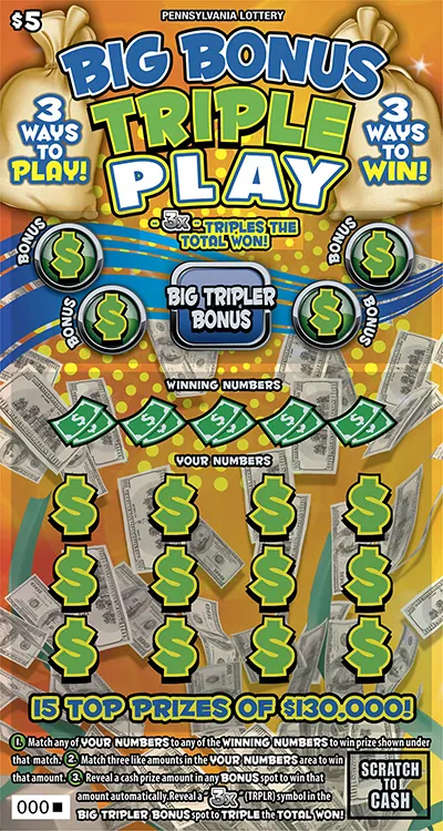 Big Bonus Triple Play $5 Pennsylvania scratch-off ticket