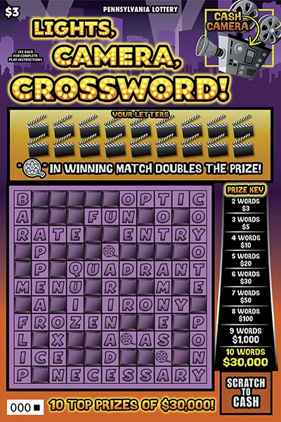 Lights, Camera, Crossword $3 Pennsylvania scratch-off ticket