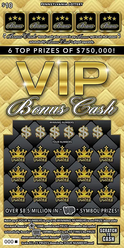 VIP Bonus Cash $10 Pennsylvania scratch-off ticket