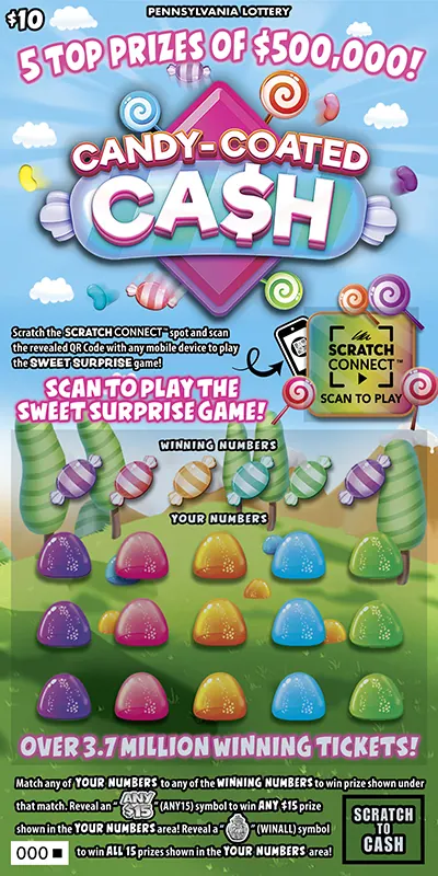 Candy-Coated Ca$h $10 Pennsylvania scratch-off ticket