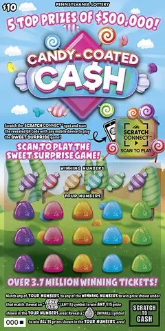 Candy-Coated Ca$h $10 scratch-off ticket