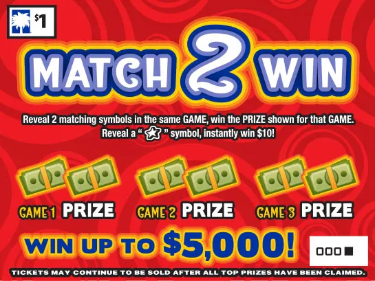 Match 2 Win $1 South Carolina scratch-off ticket