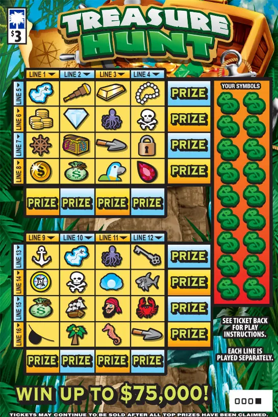 Treasure Hunt $3 South Carolina scratch-off ticket