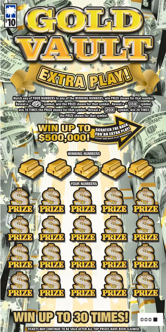Gold Vault Extra Play $10 South Carolina scratch-off ticket