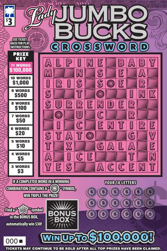 Lady Jumbo Bucks Crossword $3 South Carolina scratch-off ticket