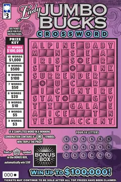 Lady Jumbo Bucks Crossword $3 scratch-off ticket