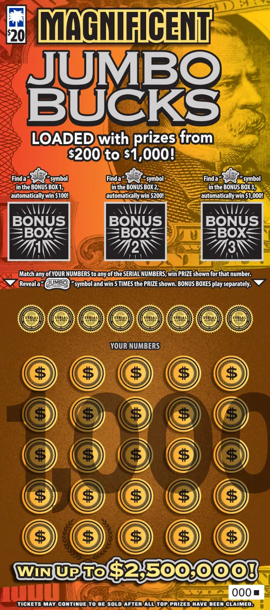 Magnificent Jumbo Bucks $20 South Carolina scratch-off ticket