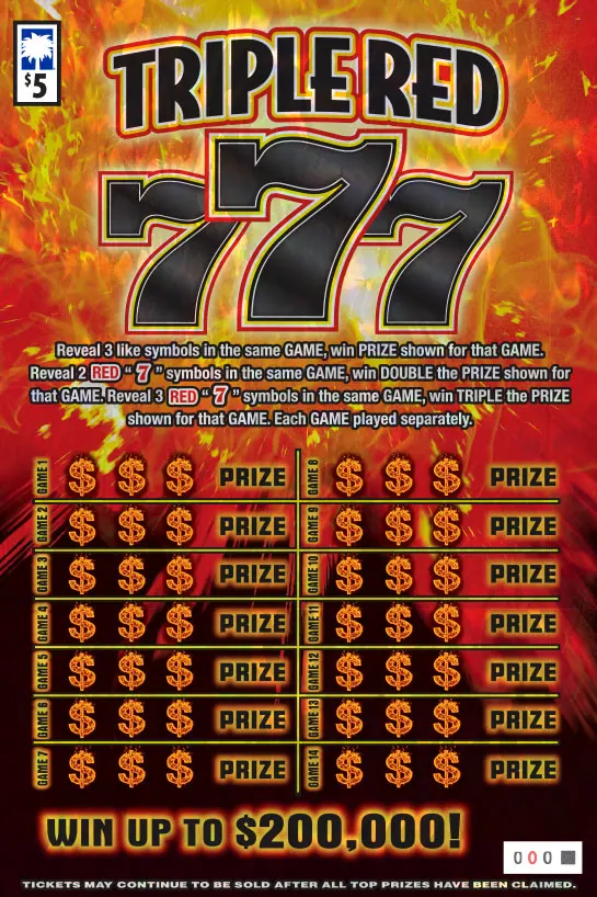 Triple Red 777 ($5) $5 South Carolina scratch-off ticket