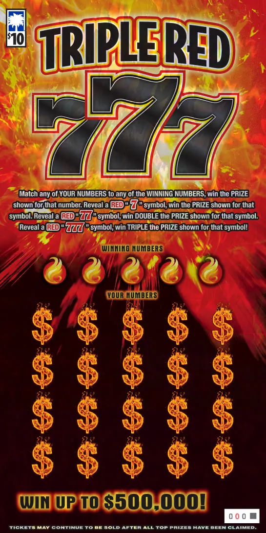 Triple Red 777 ($10) $10 South Carolina scratch-off ticket