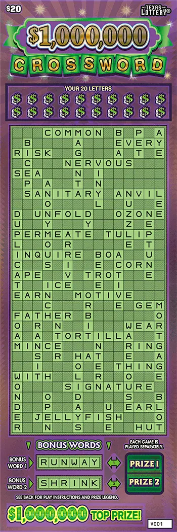 $1,000,000 Crossword $20 Texas scratch-off ticket