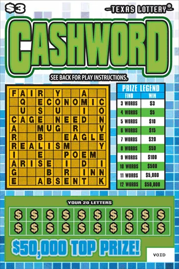 Cashword $3 Texas scratch-off ticket