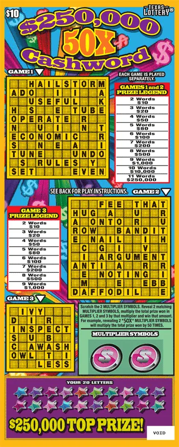 $250,000 50X Cashword $10 Texas scratch-off ticket