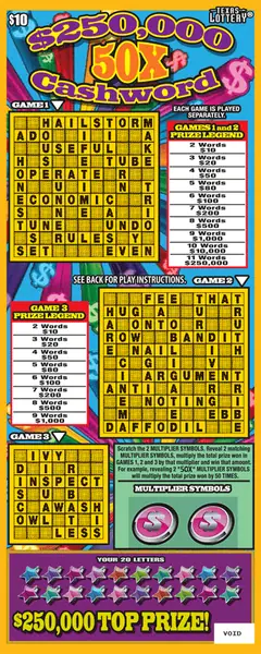$250,000 50X Cashword $10 scratch-off ticket