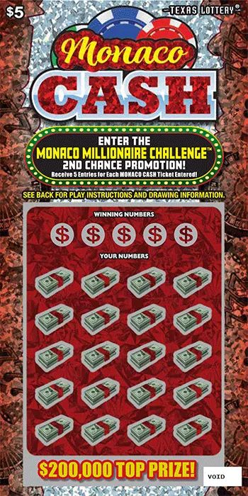 Monaco Cash $5 Texas scratch-off ticket