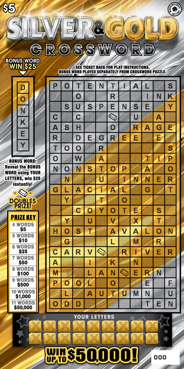 Silver & Gold Crossword $5 Washington scratch-off ticket