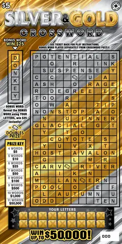 Silver & Gold Crossword $5 scratch-off ticket