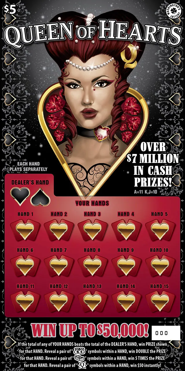 Queen Of Hearts $5 Washington scratch-off ticket