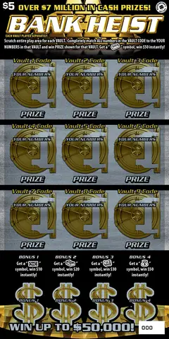 Bank Heist $5 scratch-off ticket