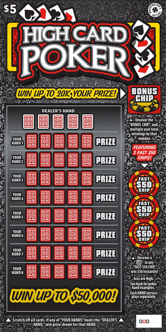 High Card Poker $5 Washington scratch-off ticket
