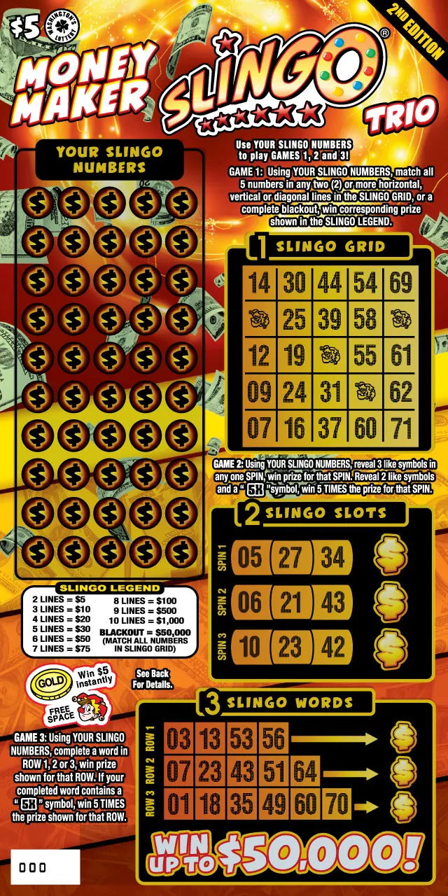 Money Maker Slingo Trio 2Nd Ed $5 Washington scratch-off ticket
