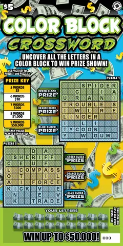 Color Block Crossword $5 scratch-off ticket