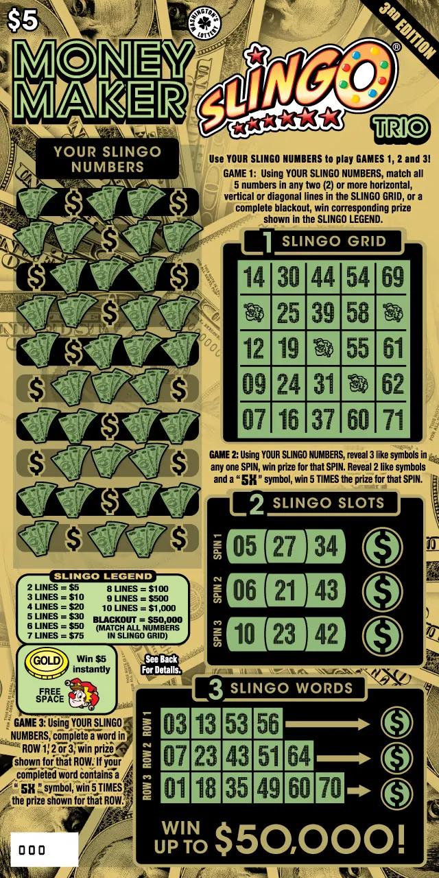 Money Maker Slingo Trio 3Rd Ed $5 Washington scratch-off ticket