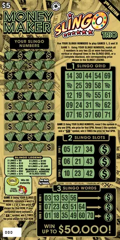 Money Maker Slingo Trio 3Rd Ed $5 scratch-off ticket