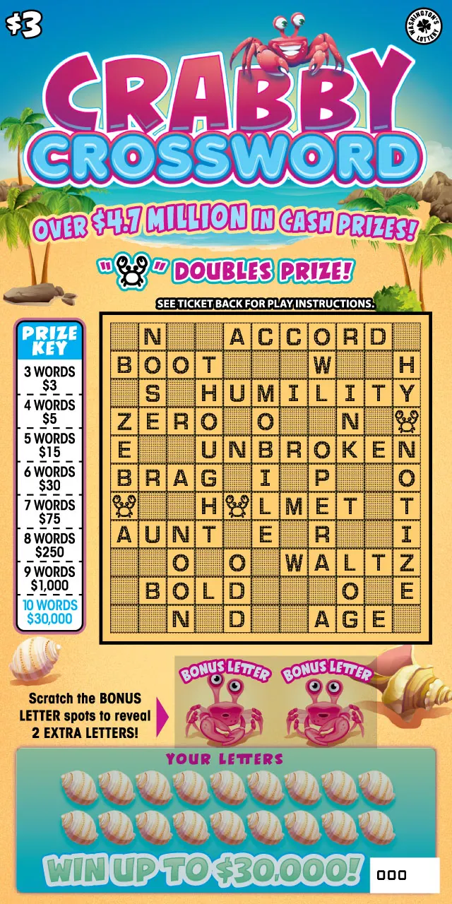 Crabby Crossword $3 Washington scratch-off ticket