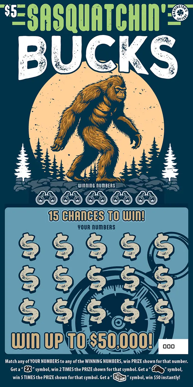 Sasquatchin Bucks $5 Washington scratch-off ticket